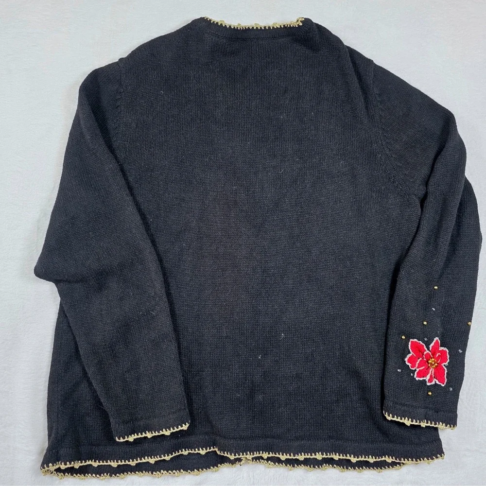 Vintage Reference Point Christmas Poinsettia Beaded Embroidered Cardigan Sweater